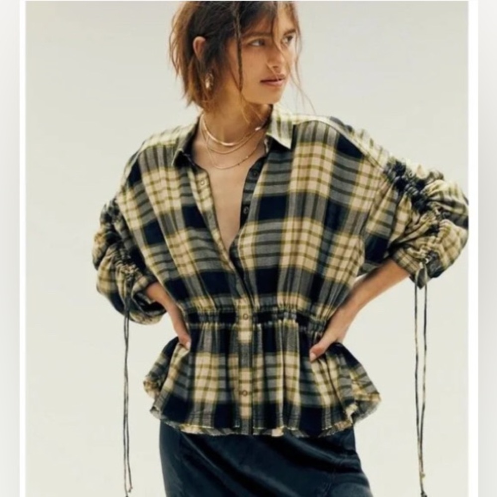 NWT Free People Pacific Dawn Plaid Shirt Boho Distressed Peplum Flannel Top s